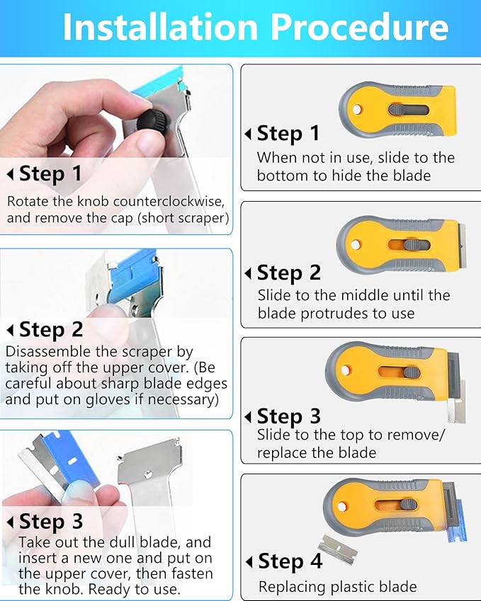 2 Pack Razor Blade Scraper with 10 Plastic and 20 Metal Blades for Removing Paint, Registration Sticker, Grease from Windshield, Glass Top Stove Cooktop Scraper