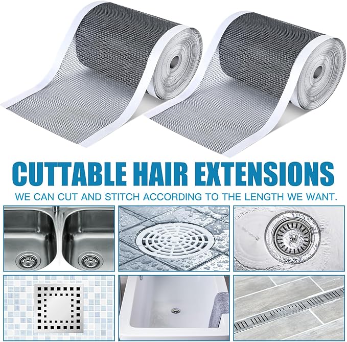 2 Pack 4 Inch x 33 ft Linear Shower Drain Hair Catcher Screen Disposable Adhesive Cutable Mesh Shower Drain Cover Stickers for Linear DIY Floor with Removal Tool for Bathroom Kitchen Bathtub