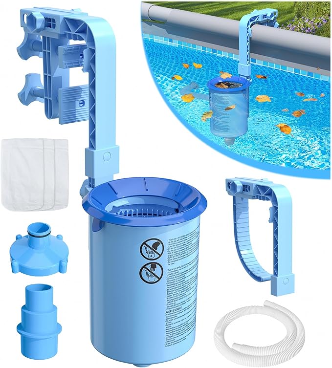 BluSwim 2026 Above Ground Pool Surface Skimmer Come with 3 Filter Socks, Enhanced Structure & Thickened Brackets Wall Mount Pool Skimmer, Floating Top Skimmers - Auto Skimming Water Surface Debris