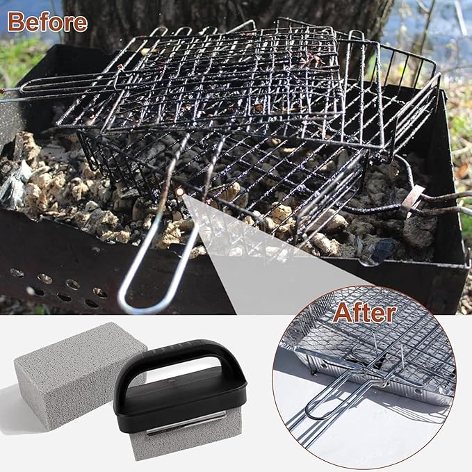 3-Pack Grill Pumice Stone for Cleaning Kit with Heat-Resistant Handle, Pumice Grill Brick, Reusable Griddle & BBQ Scrubber for Stain Removal