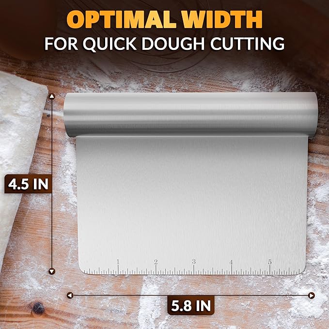 Bench Scraper Kitchen – Multipurpose Pastry Scraper Tool with Measurement Marks for Even Portions, Stainless Steel Build, Ergonomic Grip for Better Control – Pizza, Cookie & Bread Dough Cutter Tool