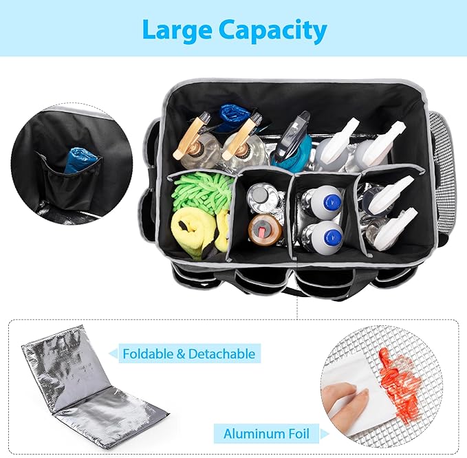HODRANT Extra-Large Wearable Cleaning Caddy, Organizer Bag for Products, Housekeeper Tote With Pad, Handle & Divider, Car Wash Tools Bag for Detailing Supplies, Gray Edge