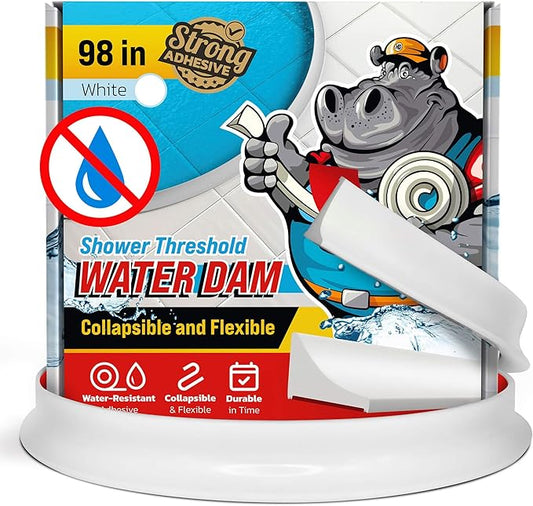 Shower Threshold Water Dam Barrier 98" - White Collapsible Walk in Shower Water Guard - Door Bottom Seal Strip Leak Guard by Hippo Dam