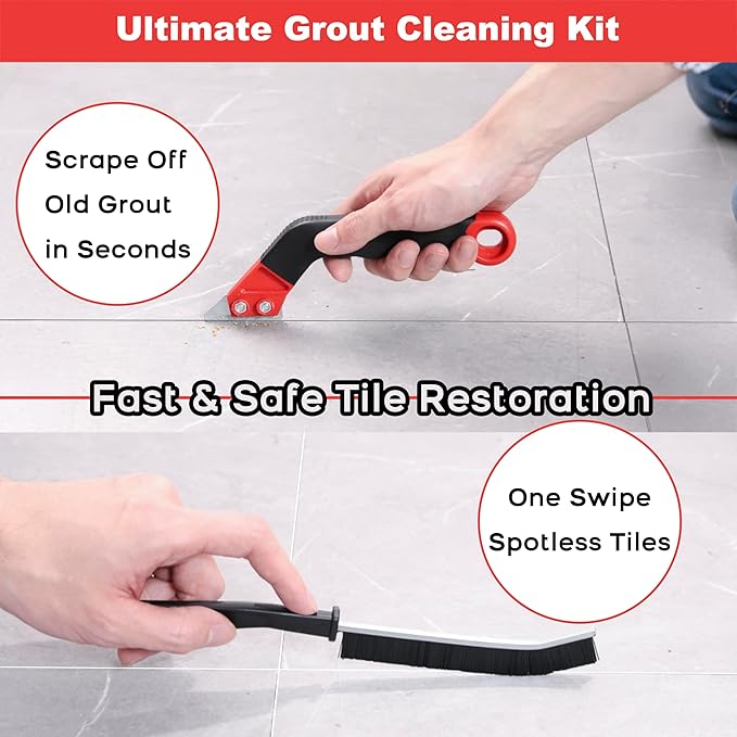 Grout Removal Tool Kit - 10-Piece Gifts for Men, Dad | 2 Scrapers, 6 Blades & 2 Brushes for Tile Grout Scraper & Cleaning, Bathroom, Kitchen, Floor Tiles - Durable & Easy to Use