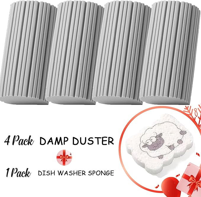 4-Pack Damp Clean Duster Sponge and 1- Pack Cellulose Dishwasher Sponge, Brush for Cleaning Blinds, Glass, Baseboards, Vents, Railings, Mirrors, Window Track Grooves and Faucets