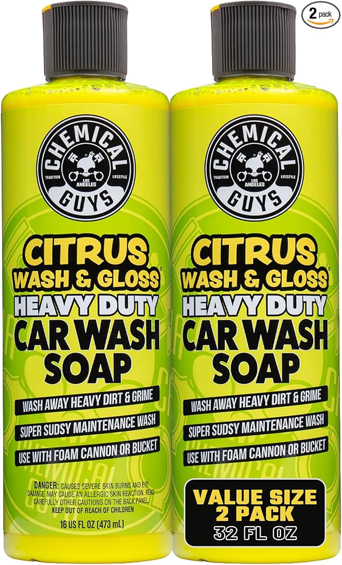 Chemical Guys Citrus Wash & Gloss 2 Pack 16 oz Each High Gloss Citrus Car Wash Soap, Heavy-Duty Cleaner with Natural Citrus Power & Shine Enhancers Streak-Free, Slick Finish
