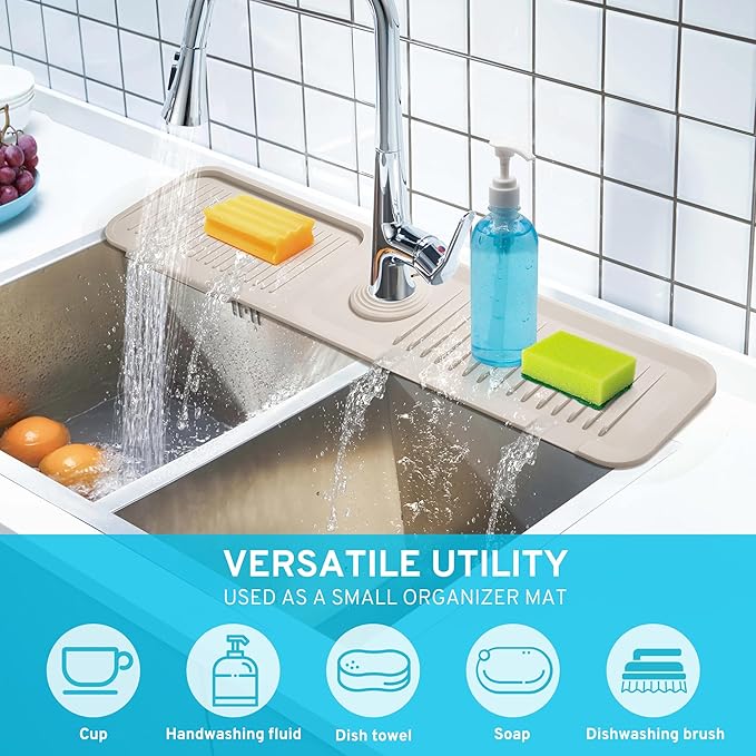 24" Longer Silicone Splash Guard, 5 Slope Design Faucet Water Catcher Mat, Handle Drip Catcher Tray Mat for Kitchen Countertop Bathroom Sink Protectors (Beige White)