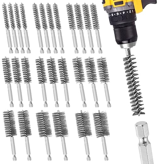 27 Pcs Stainless Steel Bore Brush Set, Metal Wire Cleaning Brushes with 1/4" Hex Shank, Abrasive Bore Cleaning Wire Brush for Drill for Removing Rust Dirt in Pipes Machinery Parts and More 8mm-28mm
