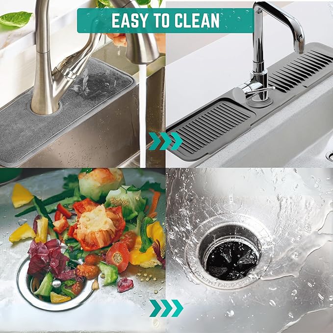 Faucet Mat for Kitchen Sink - Kitchen Sink Splash Guard with FREE Rubber Drain Insert - Faucet Guard Draining Mat, Faucet Mat Dish Soap Sponge Holder for Kitchen Sink (Gray, 18 Inch)