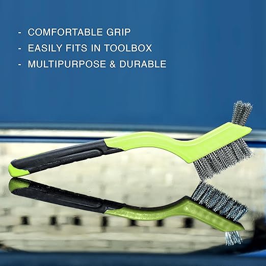 Wire Brush Set 3Pcs - Nylon/Brass/Stainless Steel Bristles with Curved Handle Grip for Rust, Dirt & Paint Scrubbing with Deep Cleaning – 7 Inches (Green)