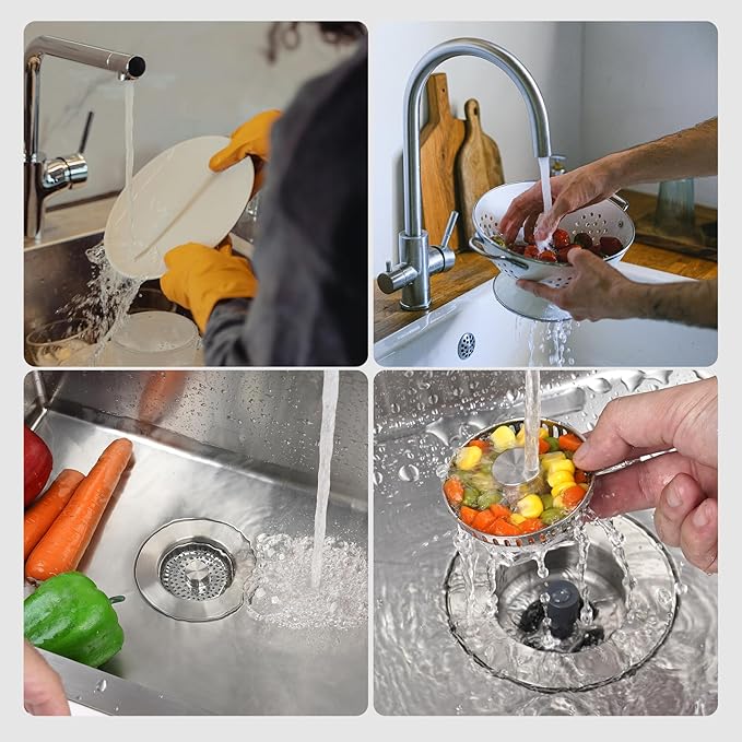 Hibbent All Metal Stainless Steel 3 in 1 Kitchen Sink Drain Strainer and Stopper Combo, Upgraded Sink Stopper, Anti-Clogging Stainless Steel Basket Strainer with Handle for US Standard 3-1/2" Drain