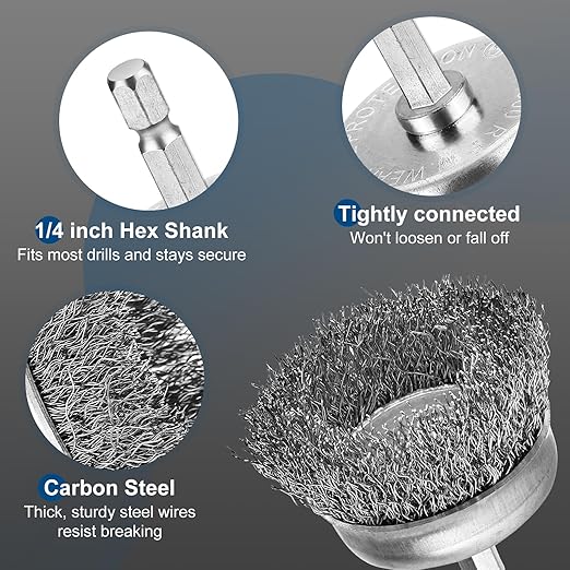 10Pcs Professional Wire Brush for Drill, Carbon Steel Wire Cup Brush for Drill, Drill Wire Brush for Cleaning Rust, Wire Brush Drill Attachments with 1/4 Inch Hex Shank