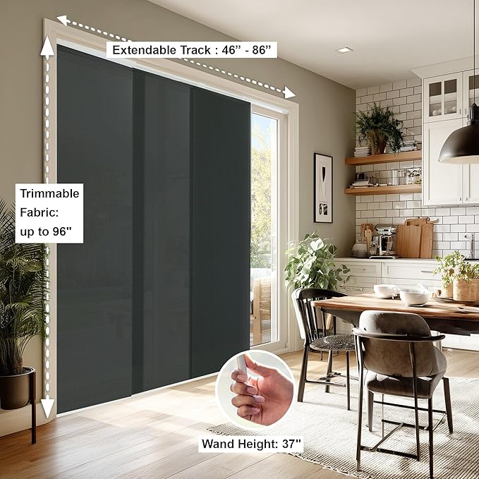 CHICOLOGY Panel Track Blinds for Sliding Glass Doors, 4 Panel Sliding Panels, Adjustable Track 46-86" W, Trimmable Height Up to 96" H, Light Filtering Privacy Room Divider, Ballroom Grey