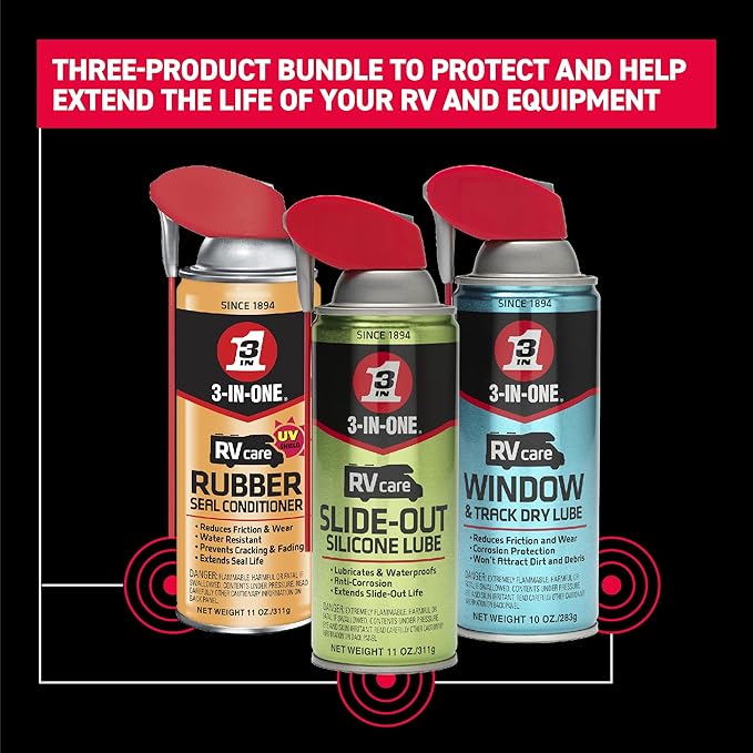 3-IN-ONE RV Care Trio Pack Includes Slide Out Lube 11 oz, Window & Track Lube 10 oz and Rubber Seal Conditioner 11oz.