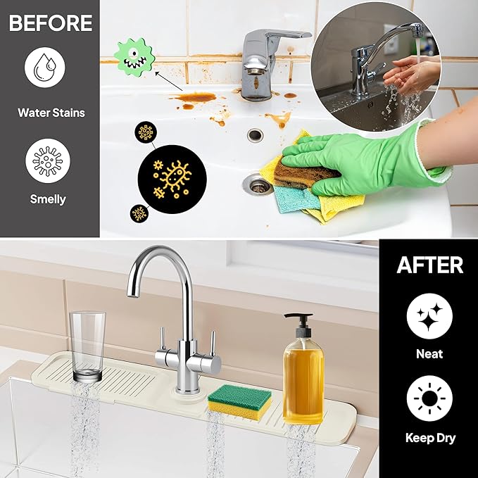24 Inch Silicone Faucet Mat for Kitchen Sink Splash Guard & Draining Tray Sink Protector with Soap & Sponge Holder White (Purest Peak)