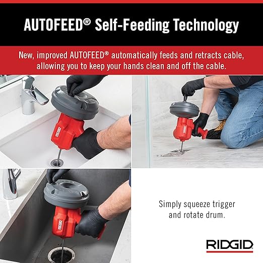 RIDGID 80168 EZ Spin™ Drain Snake for Tubs, Showers, and Sinks, Drain Cleaner with AUTOFEED, MAXCORE Cable