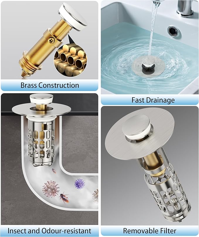 Upgraded Bathroom Sink Stopper with Hair Catcher - Universal Pop-Up Drain Plug, Stainless Steel & Silicone Seal for 1.1-1.5 Inch Drains,Brushed Nickel Finish (Brushed Nickel)