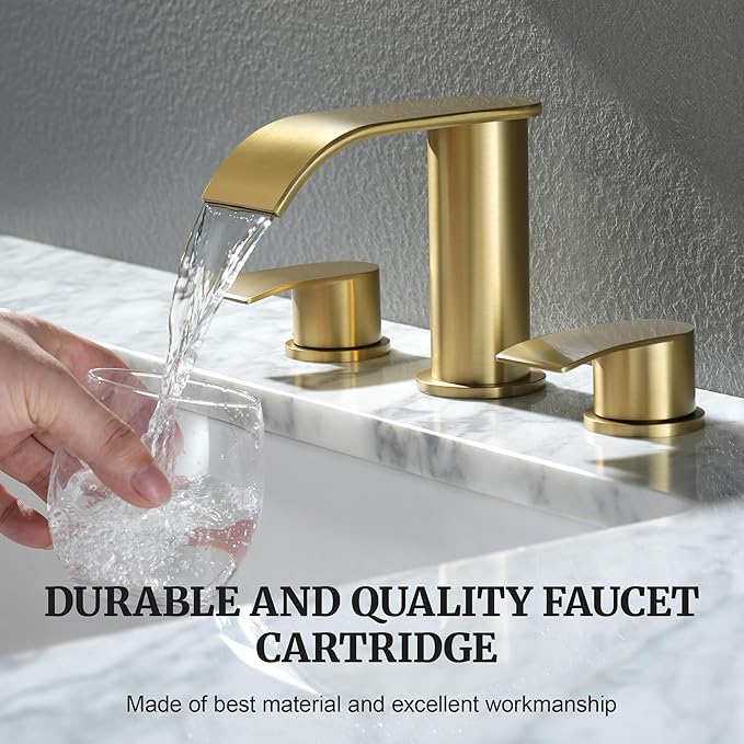 Ultimate Unicorn 8 inch Bathroom Faucet Brushed Gold, Waterfall Bathroom Faucet with Metal Pop-up Sink Drain Stopper and 2 Supply Hoses,2 Handle Widespread Faucets for Vanity Sink 3 Holes