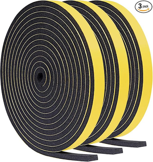 Foam Weather Stripping for Doors and Windows 1/2 inch W x 1/8 inch T, Adhesive Weather Strip Seal Tape (Total 49.5 Ft Length, 3 Rolls of 16.5 Ft Each)
