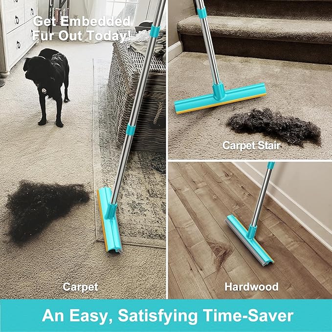 Carpet Rake for Pet Hair Removal (3 Pack), Dog Cat Fur Remover Rubber Broom, Stainless Steel Long Handle Lint Shaver Cleaner Tools, Scraper Brush for Carpet, Rug, Car Mat, Couch, Pet Bed