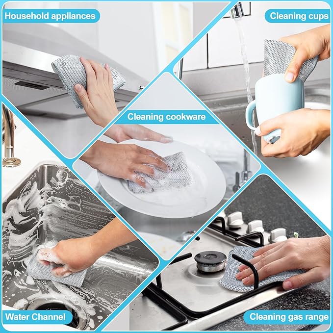 10 Pcs New Upgraded 3 Layers Non Scratch Wire Dishcloth, Multipurpose Wire Dishwashing Rags, Wet & Dry for Cookware, Sinks, Dishes, Stoves & Fireplaces (7.87 x 7.87-10pcs)