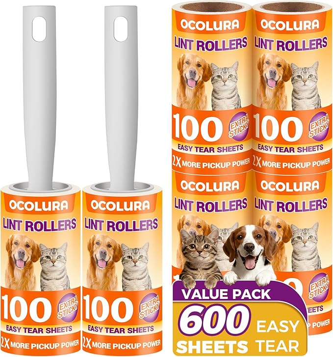 Extra Sticky Lint Rollers for Pet Hair, Easy Tear Lint Remover for Dog Cat Hair, Clothes, Multipurpose Lint Roller for Furniture Couch Carpet Car Seat (6 pcs - 600 Sheets)