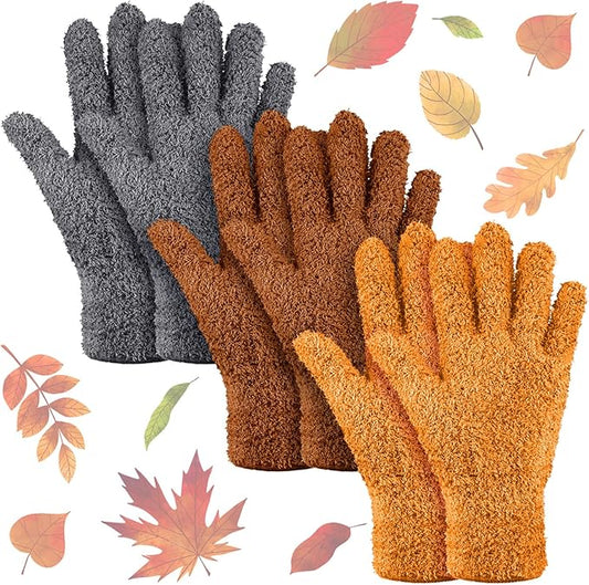 Patelai 3 Pairs Microfiber Plant Dusting Gloves Leaf Cleaning Gloves for Indoor Plants, Blinds, Furniture, House(Orange, Brown, Dark Gray,Small)