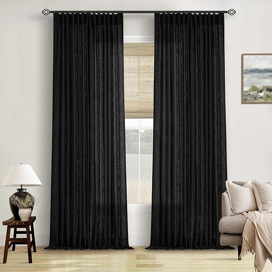 Pinch Pleated Black Linen Curtains 96 Inches Long for Living Room Bedroom Light Filtering Boho Window Drape 96 Inch 2 Panels with Hooks Rings 8ft Black Sliding Glass Door Semi Sheer Curtain