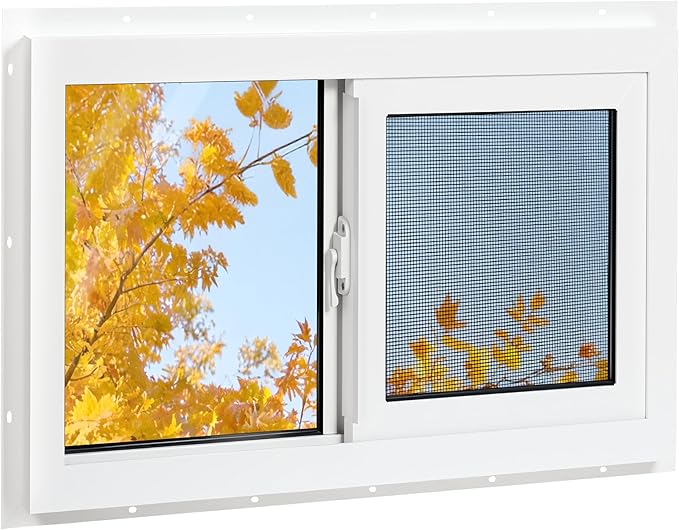 Vinyl Basement Window, 32" x 22" Bathroom Sliding Window with Double Pane Insulated Tempered Glass and Fiberglass Screen for Basement, Bathroom, Shed (White)