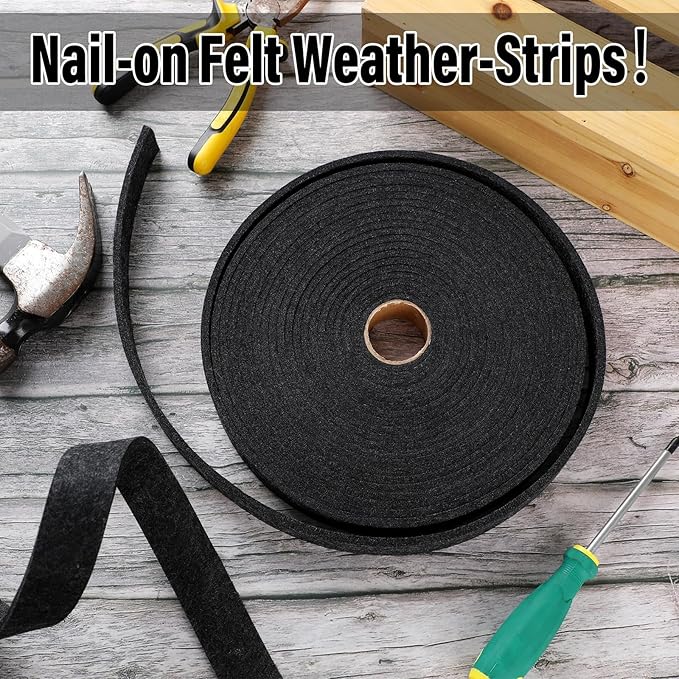 Pangda Nail on Felt Weatherstrip 1-1/4 Inch x 3/16 Inch x 33 ft Winter Gray Weather Stripping for Doors and Windows Brush Door Sweep Draft Dust Stopper Sliding Seal