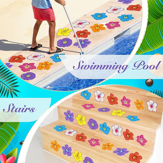 24 Pcs Hawaiian Flowers Non Slip Bathtub Sticker Summer Skidproof Shower Sticker Anti Slip Shower Decal Bathe Treads Adhesive Appliques Scraper Bright Flower Decal for Bathroom Decor