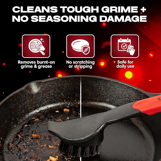 Cast Iron Scrub Brush with Heavy Duty Scraper - Nylon Bristles Dish Scrubber for Pans, Skillets and Woks – Kitchen Cleaner Removes Grime, Grease, Food Build Up - 90058 by Chef Master