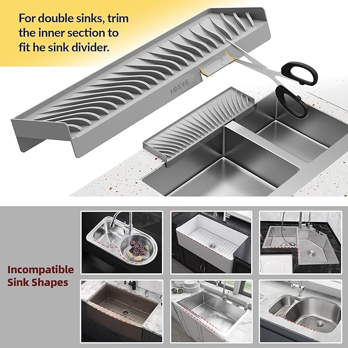 NiHome Multi-Use Silicone Kitchen Sink Edge Guard for Stone Countertop Edges 3.15"-4" Wide, Upgraded Slope Design with Raised Drainage Channels, Protector for Kitchen Sink, Bathtub, Wash Basin (Gray)