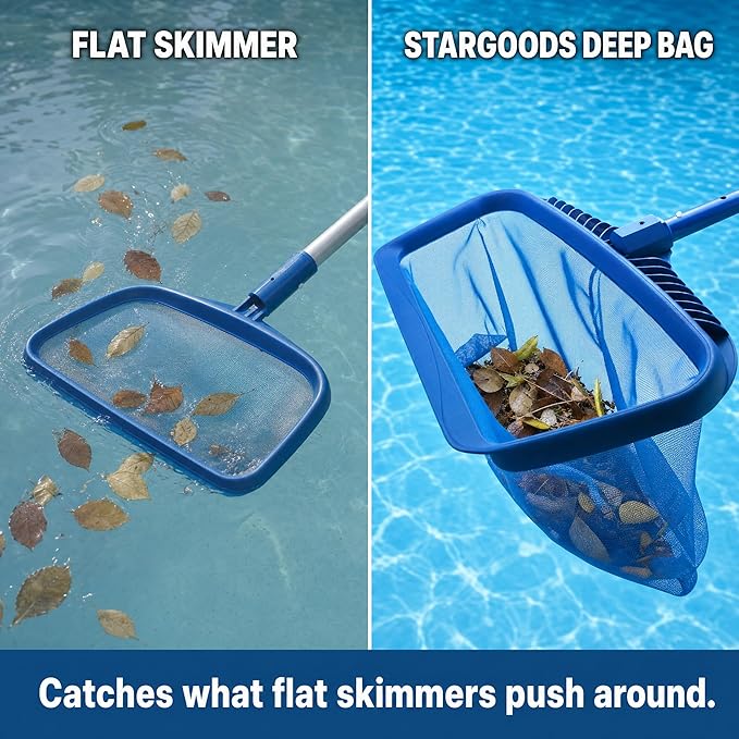 STARGOODS 20" Pool Skimmer Net - Heavy-Capacity Deep Bag Leaf Rake for Inground & Above Ground Pools - Fine Mesh Catches Leaves, Pet Hair & Debris - Pool-Safe Rounded Edges - Fits Standard Poles, Blue