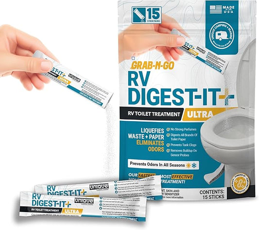 Unique RV Digest-It Ultra Stick Pack, 15 Count, Extra-Strength RV Toilet Treatment, No-Mess, Pre-measured, Grab-N-Go Bio-Enzymatic Black Tank Treatment, Eliminates Smells and Prevents Clogs