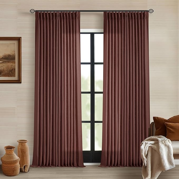 Brick Brown Pinch Pleated Linen Curtains 90 Inches Long for Living Room Bedroom 2 Panels Light Filtering Pinch Pleat Hooks Rings Back Tab Red Chestnut Country Farmhouse 90 Inch Window Curtain Drapes
