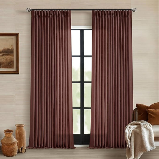 Brick Brown Pinch Pleated Linen Curtains 90 Inches Long for Living Room Bedroom 2 Panels Light Filtering Pinch Pleat Hooks Rings Back Tab Red Chestnut Country Farmhouse 90 Inch Window Curtain Drapes