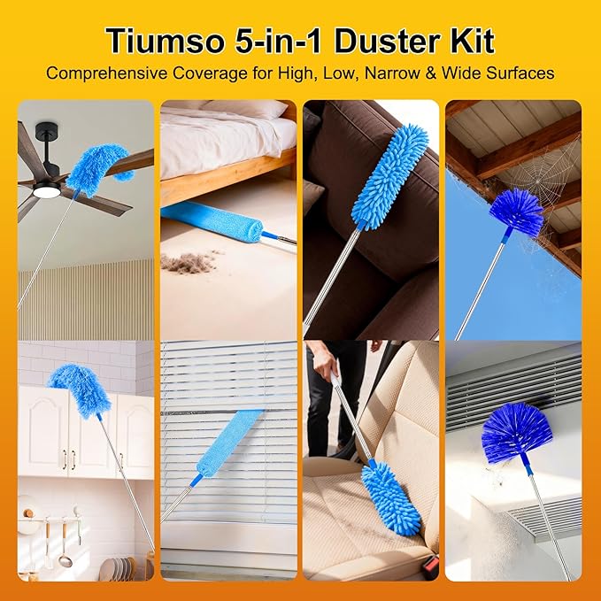 Tiumso 5-in-1 Microfiber Duster Kit with 100” Extension Pole – Reinforced Stainless Steel Telescopic Handle for High Ceiling Fans, Cobwebs & Vents – Multi-Head Dusters for Cleaning with Anti-Spin Pole
