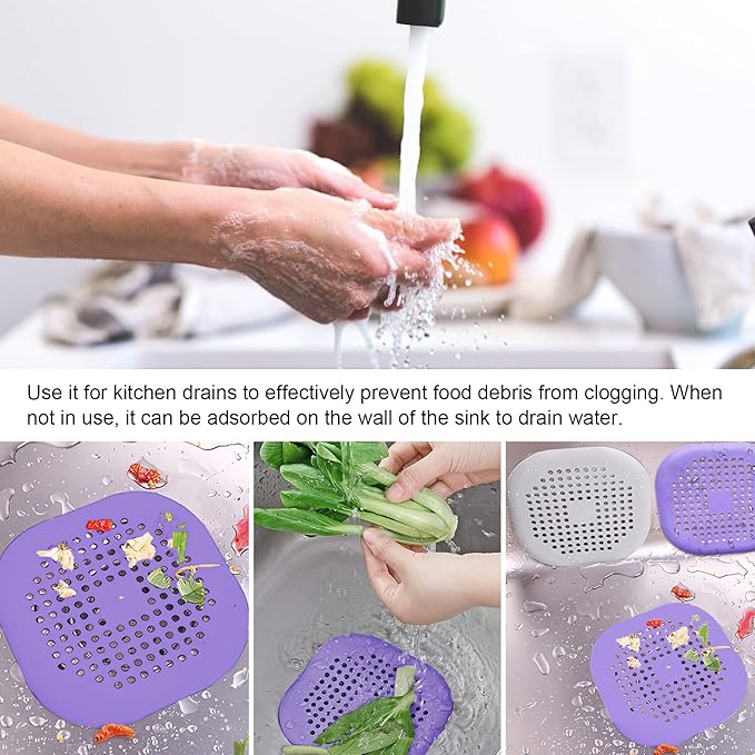 2 Pieces Shower Drain Hair Catcher Bathtub Stopper Home Drain Protectors Drain Cover with Sucker Water Trap Sink Cover for Bathroom Bathtub and Kitchen (Purple, Purple)