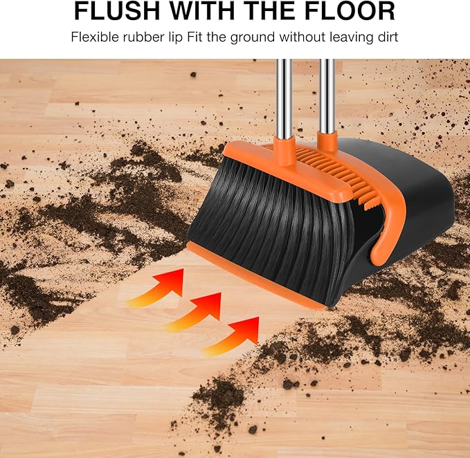 NACENA Broom and Dustpan Set, 52-in Long Adjustable Handle Broom Dustpan Combo with Dust pan Teeth to Automatically Clean Hair Suitable for Home Kitchen Office Hall Floor (Black&Orange), 2 Pack
