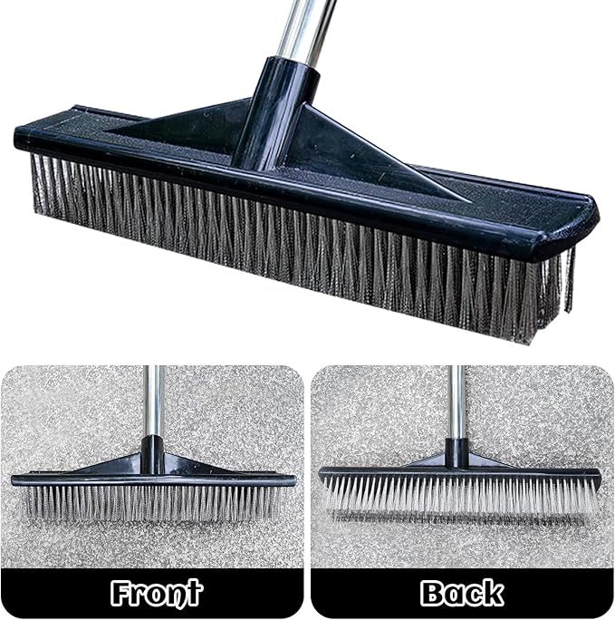 Heavy Duty Wire Push Broom Brush, 15.7" Stainless Steel Bristle Deck Brush with Long Handle for Removing Weeds, Outdoor Broom for Rough Surface Dirt