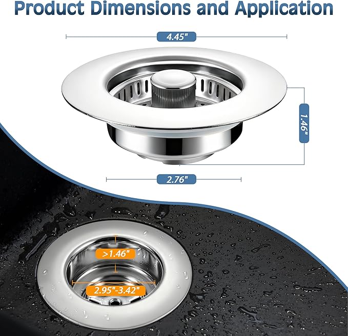 Kitchen Sink Drain Strainer 3 in 1, 304 Stainless Steel Pop Up Sink Stopper, Anti-Clogging Sink Drain Strainer for US Standard Kitchen Drain (Chrome)