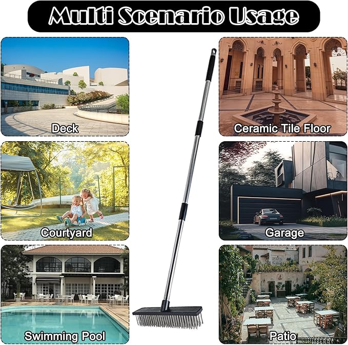 Heavy Duty Wire Push Broom Brush, 15.7" Stainless Steel Bristle Deck Brush with Long Handle for Removing Weeds, Outdoor Broom for Rough Surface Dirt