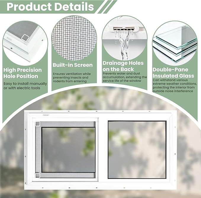 Vinyl Basement Window, 32" x 20" Bathroom Sliding Window with Double Pane Insulated Tempered Glass and Fiberglass Screen for Basement, Bathroom, Shed (White)