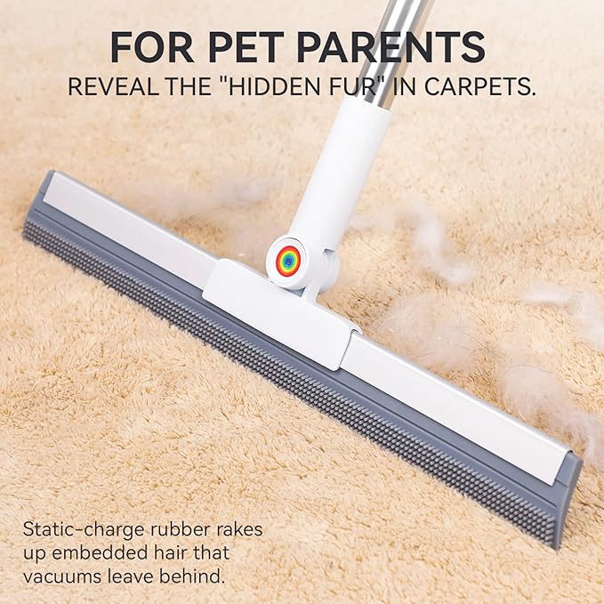 Squeegee Broom for Floor, 62" Long Handle Rubber Broom for Pet Hair Removal, Magic Broom Squeegee for Garage Floor, Concrete, Tile, Carpet & Windows with 2 Microfiber Pads