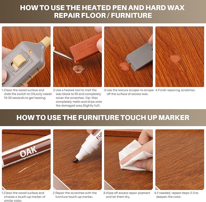 Laminate Floor Repair Kit with Heat Pen,Linoleum Repair Hard Wax 6 Color Wood Vinyl Floor Furniture Repair Kit Touch Up Marker Cover Scratches, Stains,Cabinet, Table Cracks, Holes for Door