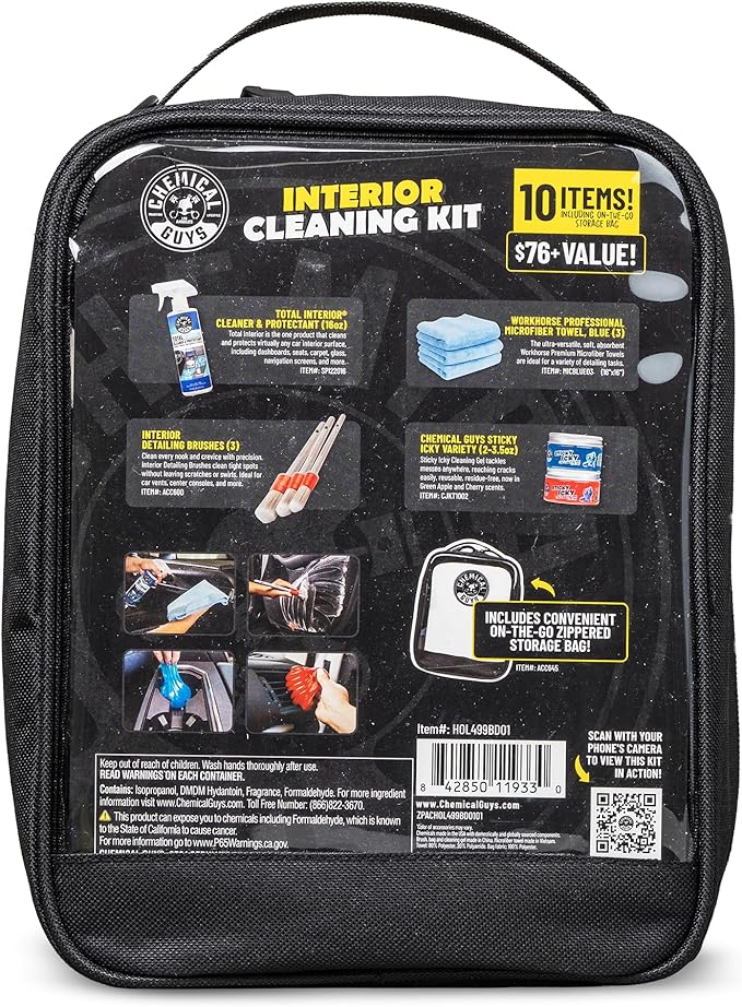 Chemical Guys Interior Cleaning Kit with Storage Bag Total Interior Cleaner Microfiber Towels Detailing Brushes and Sticky Gel Giftable Car Care Set - 10 Items