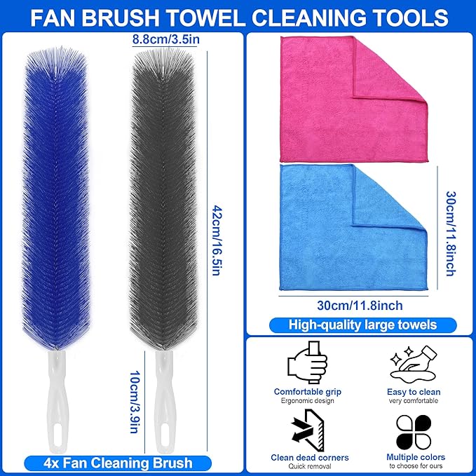 6 PCS Fan Cleaner Brush Towels kit - Bendable Fans Cleaning Brush Cobweb Duster Microfiber Head Crevice Dust Collector, Washable Fan Blade Cleaner, for Air Conditioning Home Car Vents Curtain Shutters