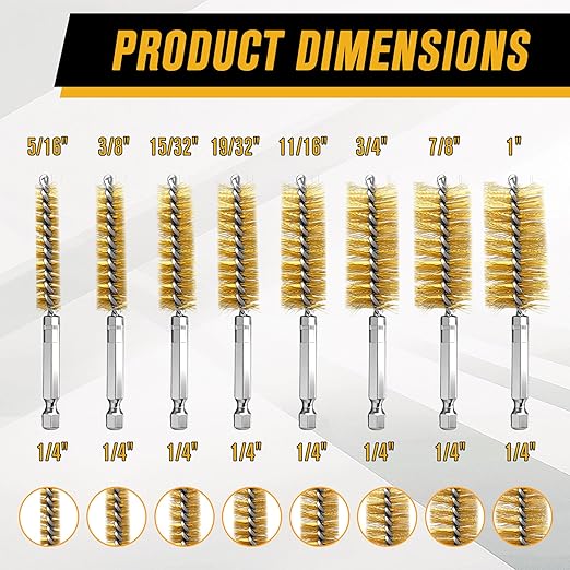 16 Pcs Wire Brush Set for Drills, Stainless Steel and Brass Bore Cleaning Brushes with 1/4" Hex Shank, Compatible with Power Drills, Grinders, and Impact Drivers (8-25mm)