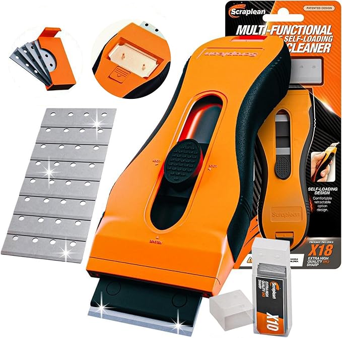 Razor Blade Scraper Tool | 18 Extra Blades, Unique Auto-Reload Mechanism, Dual Storage Compartment, Cleaning Razor scraper for Kitchen, Glass, Cooktop, Stovetop, Oven, Paint, Window, Sticker